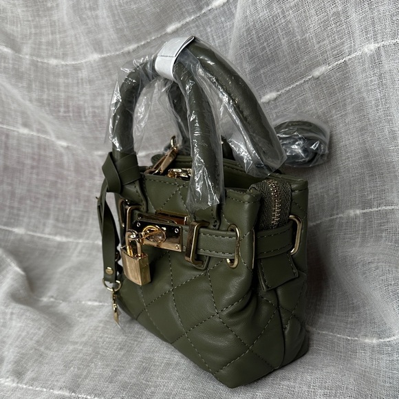 Badgley Mischka Mini Diamond Quilted Tote w/Front Lock Stone Olive Green & Gold - Picture 2 of 16
